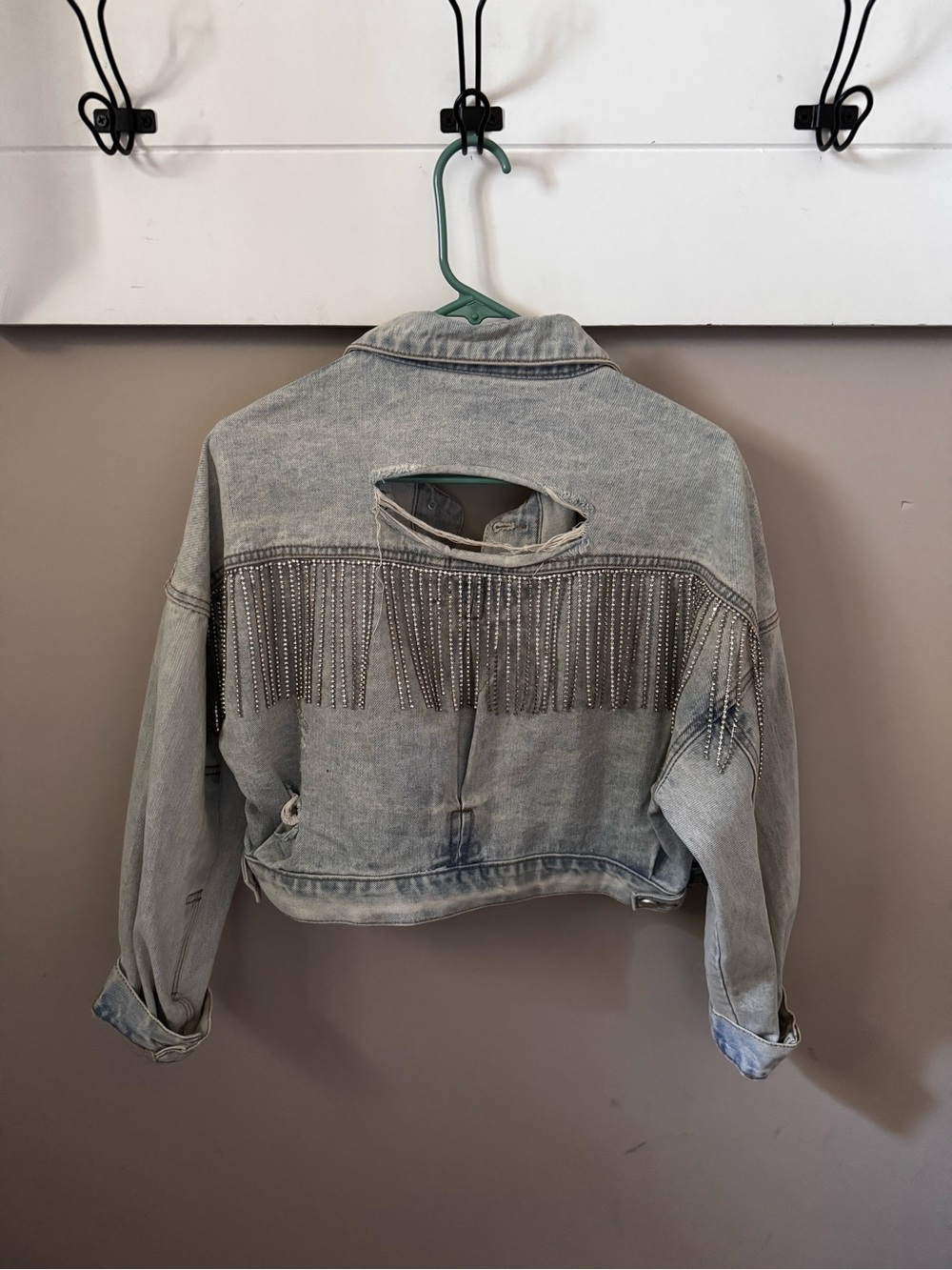 Distressed Studded Fringe Denim Jacket - Light Gray cropped